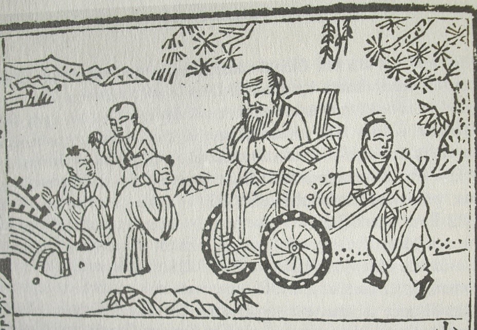 Dialogue between Confucius and a child, while he sits in a wheelchair.